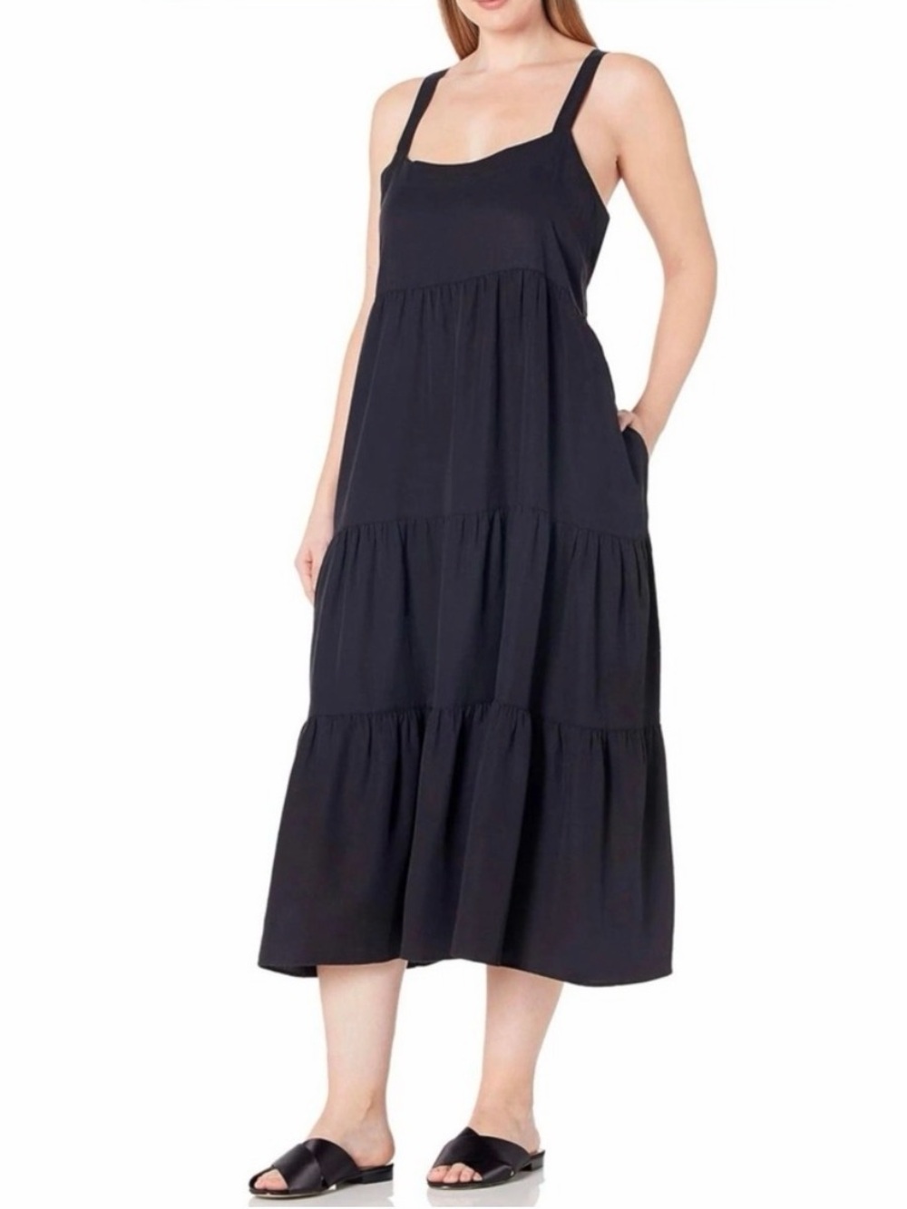 The Drop Britt Tiered Midi Tent Dress Women Small Black Sundress Summer Vacation
